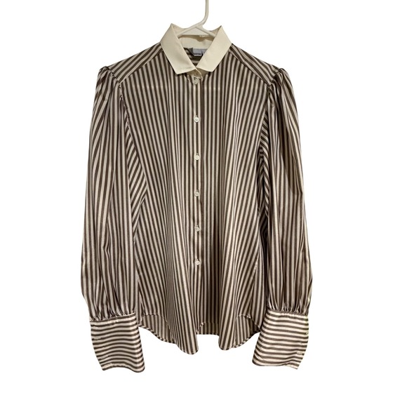 Liz Claiborne Tops - Vintage Liz Claiborne Striped Blouse Brown Cream Puff Shoulder Button Down Sz 6